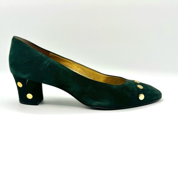 BRUNO MAGLI GREEN LEATJER PUMP 80s VINTAGE HEELS BLOCK HEELS CHUNKY HEELS 38.5 - Picture 1 of 12
